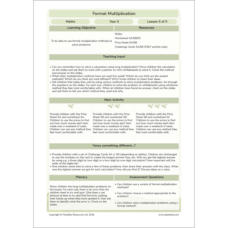 PlanBee Formal Multiplication Year 5 Maths Lessons by PlanBee