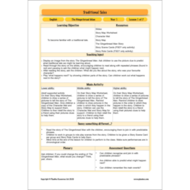 PlanBee Traditional Tales: The Gingerbread Man | KS1 English Pack