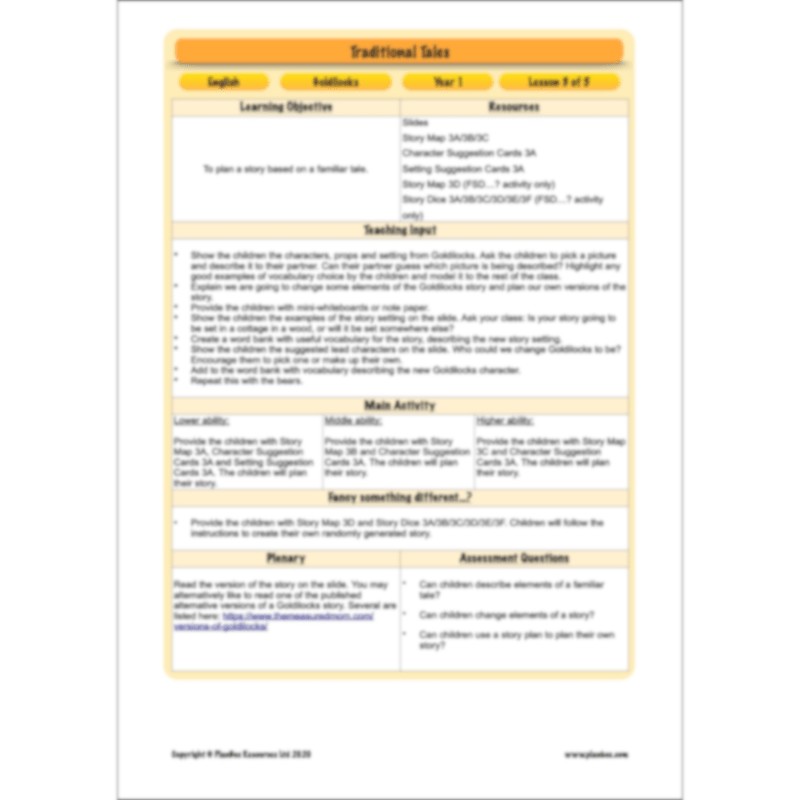 PlanBee Traditional Tales: Goldilocks | KS1 English Pack