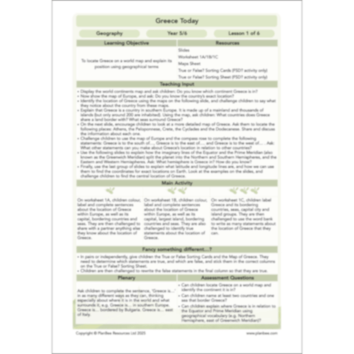 PlanBee Greece Today | KS2 Geography Lesson Pack
