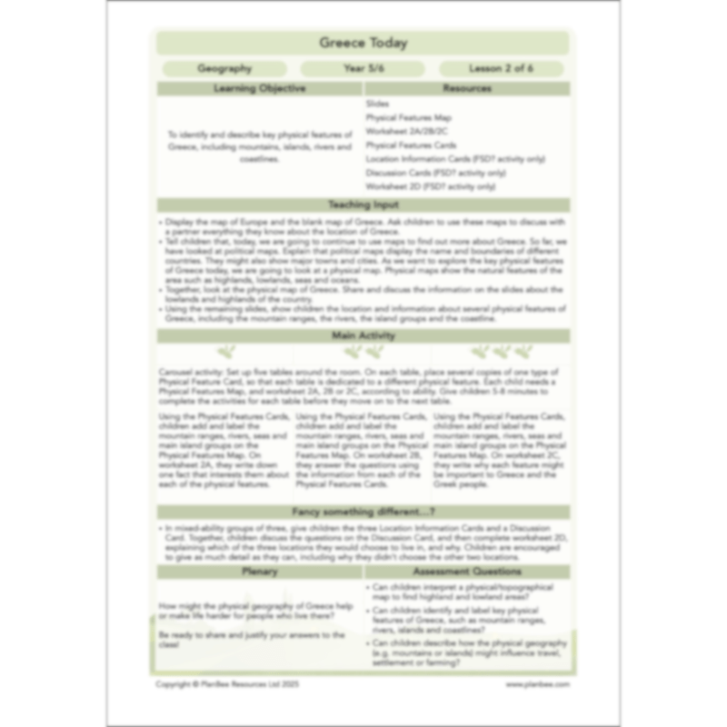 PlanBee Greece Today | KS2 Geography Lesson Pack