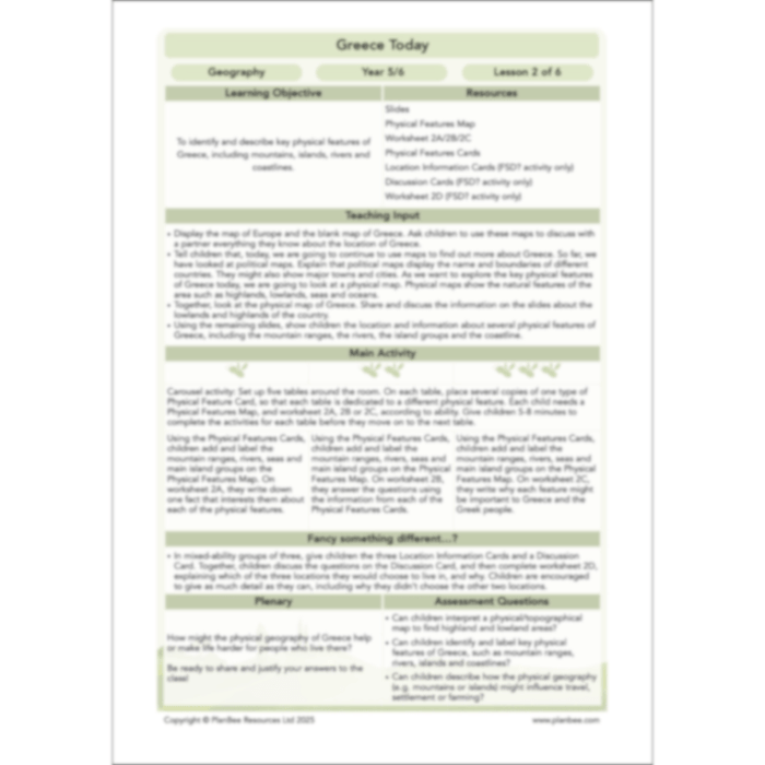PlanBee Greece Today | KS2 Geography Lesson Pack