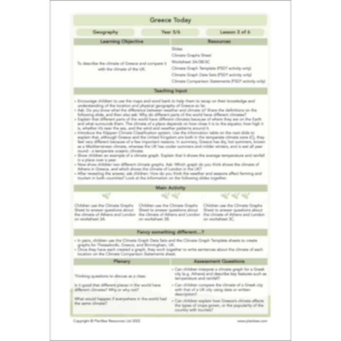 PlanBee Greece Today | KS2 Geography Lesson Pack