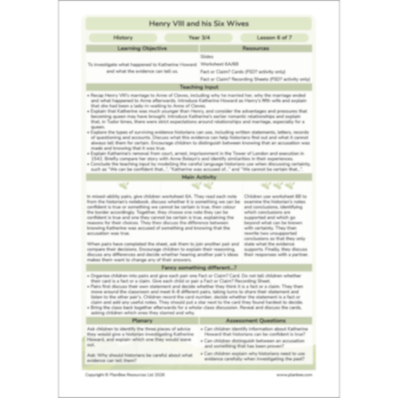 PlanBee Henry VIII and his Six Wives KS2 History Lessons
