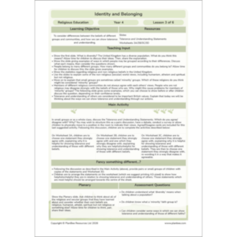 PlanBee Identity and Belonging Year 4 KS2 RE Lesson Pack by PlanBee