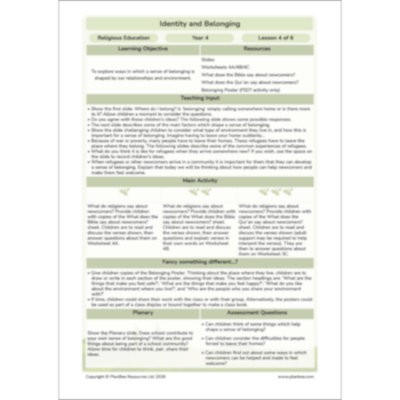 PlanBee Identity and Belonging Year 4 KS2 RE Lesson Pack by PlanBee