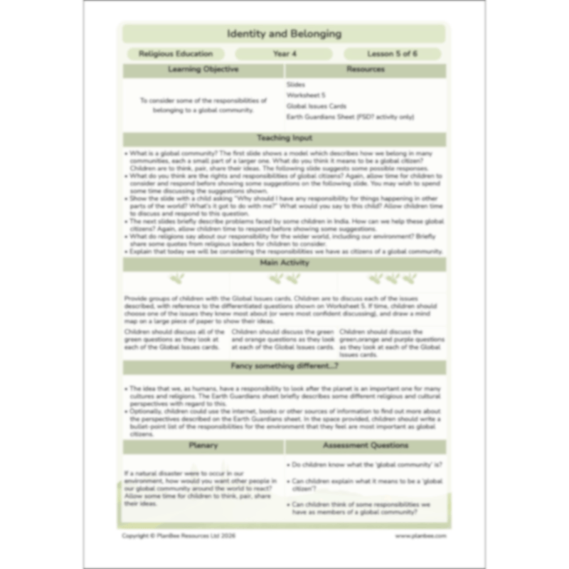 PlanBee Identity and Belonging Year 4 KS2 RE Lesson Pack by PlanBee