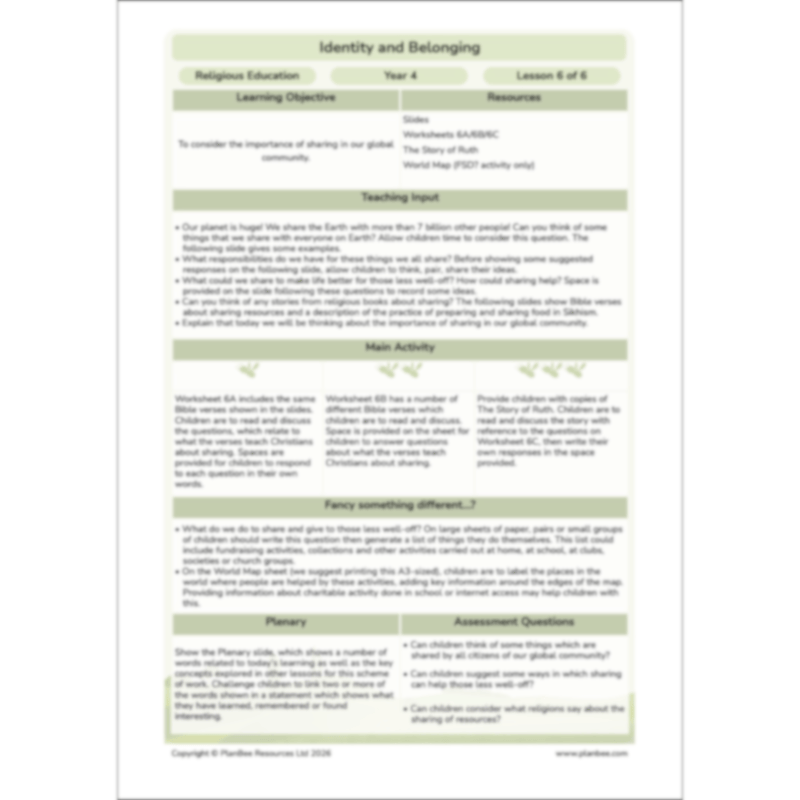 PlanBee Identity and Belonging Year 4 KS2 RE Lesson Pack by PlanBee