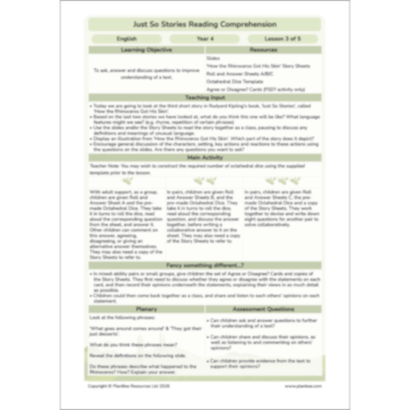 PlanBee Just So Stories KS2 | Reading Comprehension Year 4