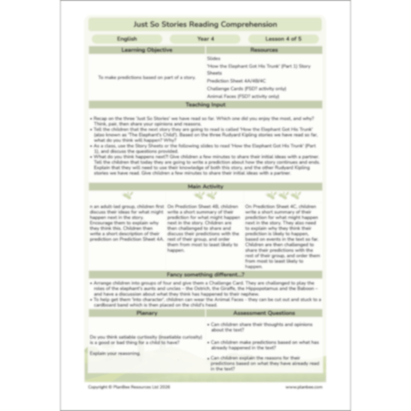 PlanBee Just So Stories KS2 | Reading Comprehension Year 4