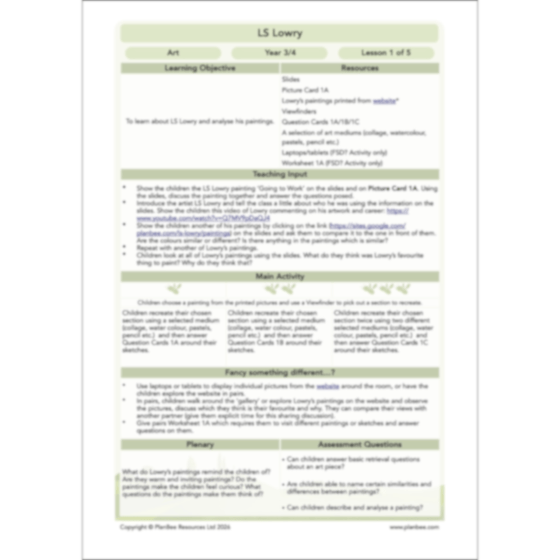 PlanBee LS Lowry KS2 - Year 3/4 Art Planning by PlanBee