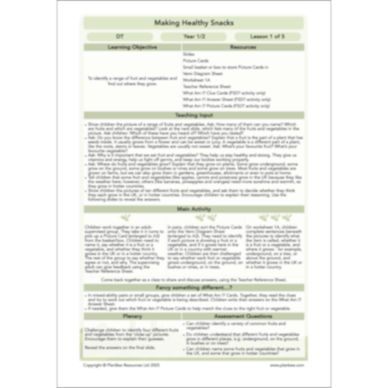 PlanBee Making Healthy Snacks | KS1 DT Lesson Pack