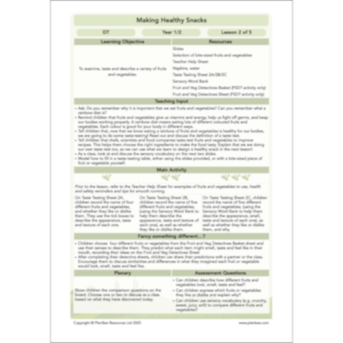 PlanBee Making Healthy Snacks | KS1 DT Lesson Pack