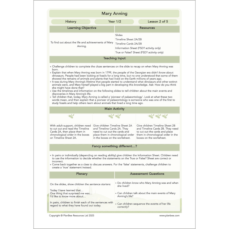PlanBee Mary Anning KS1 | History Lesson Pack 