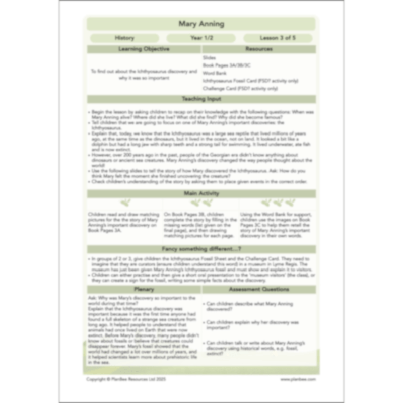 PlanBee Mary Anning KS1 | History Lesson Pack 