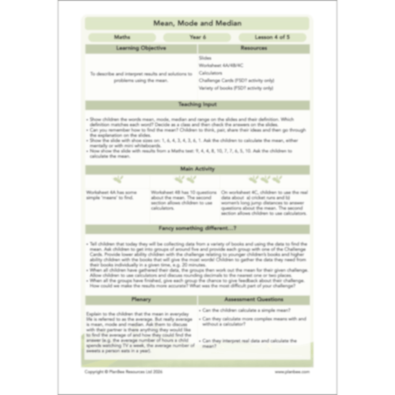 PlanBee Mean Median and Mode Year 6 Maths by PlanBee