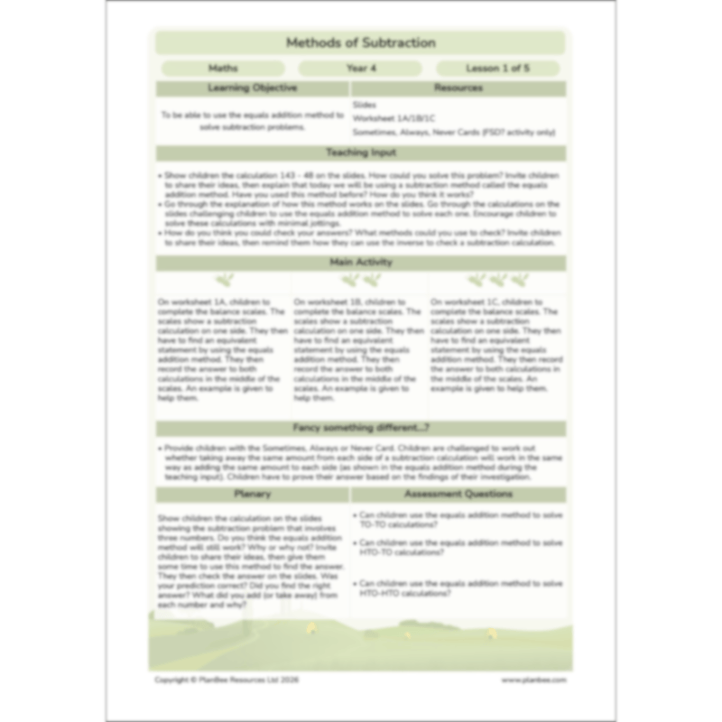 PlanBee Methods of Subtraction Year 4 Maths Lessons by PlanBee