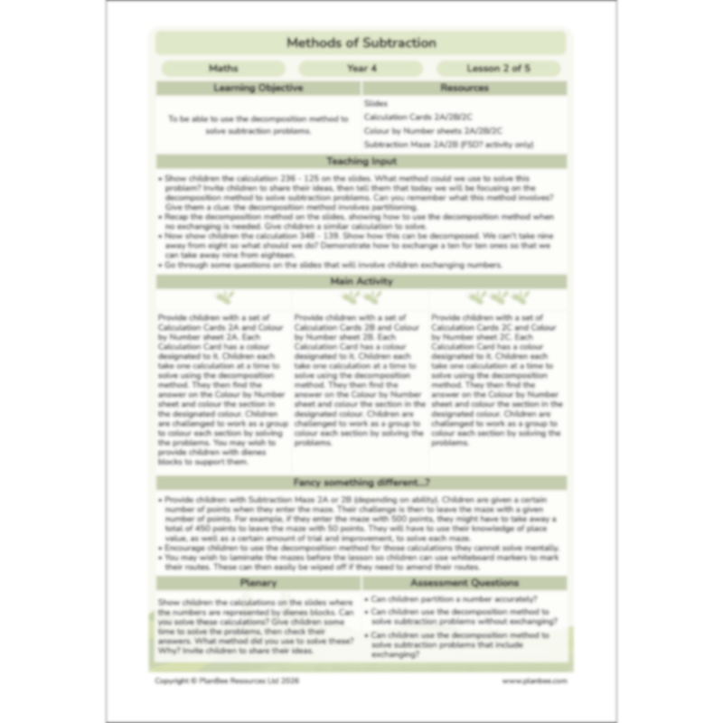 PlanBee Methods of Subtraction Year 4 Maths Lessons by PlanBee