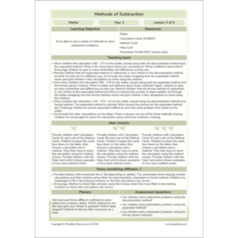 PlanBee Methods of Subtraction Year 4 Maths Lessons by PlanBee