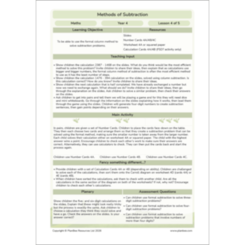 PlanBee Methods of Subtraction Year 4 Maths Lessons by PlanBee