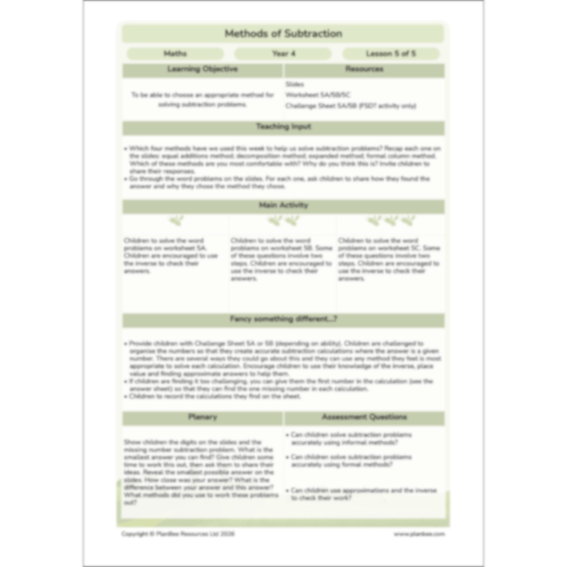 PlanBee Methods of Subtraction Year 4 Maths Lessons by PlanBee