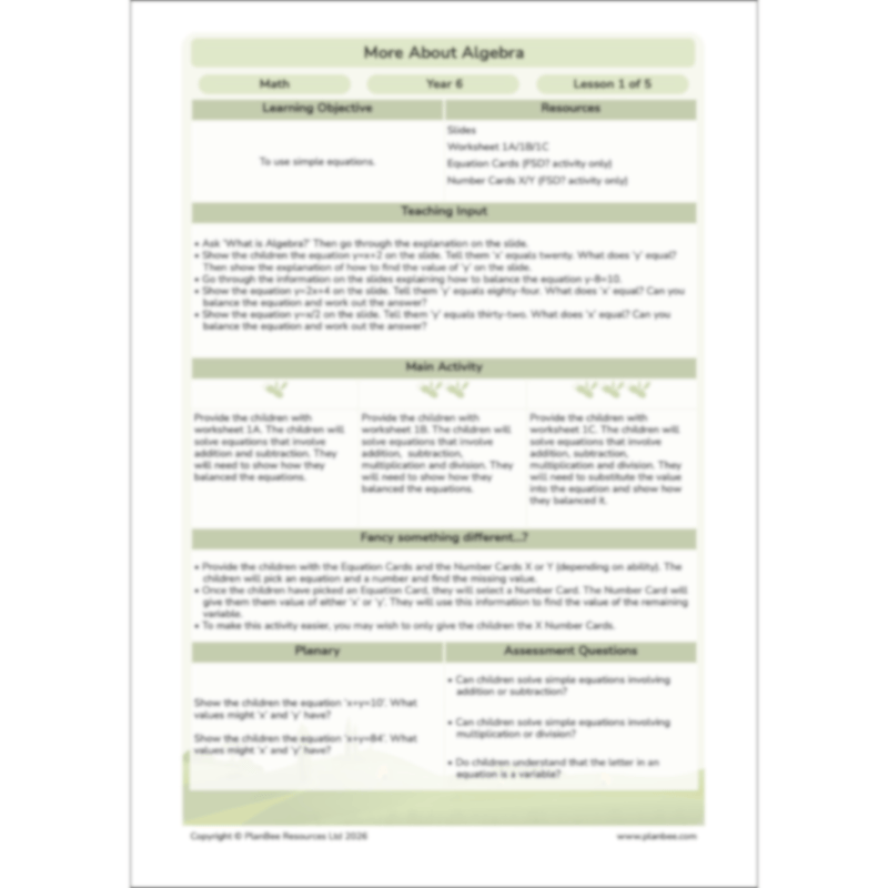 PlanBee More About Algebra Year 6 algebra worksheets by PlanBee