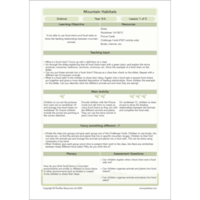 PlanBee Mountain Science KS2 | Food Chains, Adaptation & Life Cycles