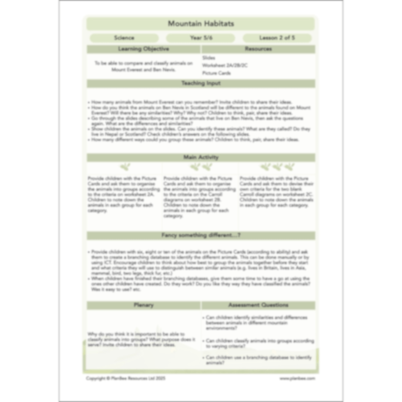 PlanBee Mountain Science KS2 | Food Chains, Adaptation & Life Cycles