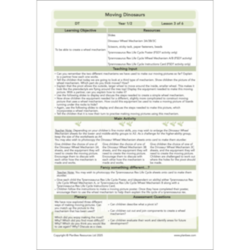 PlanBee Moving Dinosaurs KS1 | DT lessons