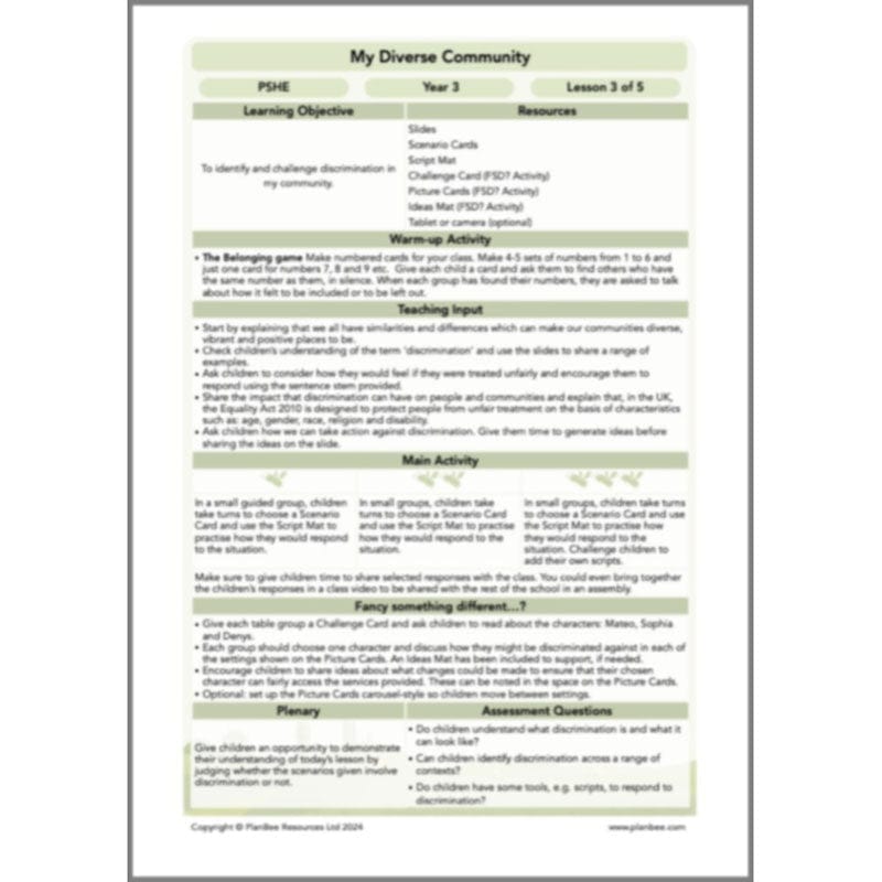 PlanBee My Diverse Community | Year 3 PSHE Lessons