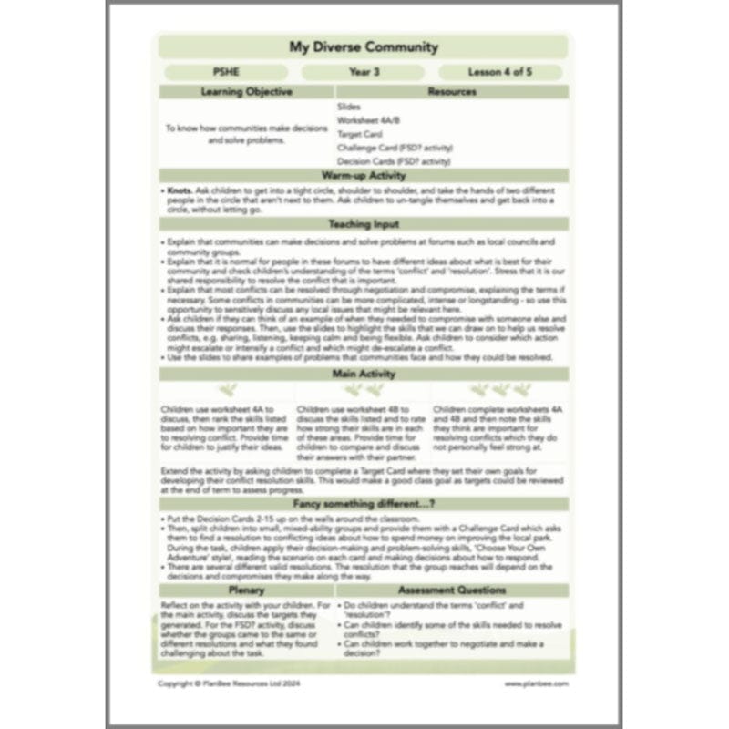 PlanBee My Diverse Community | Year 3 PSHE Lessons