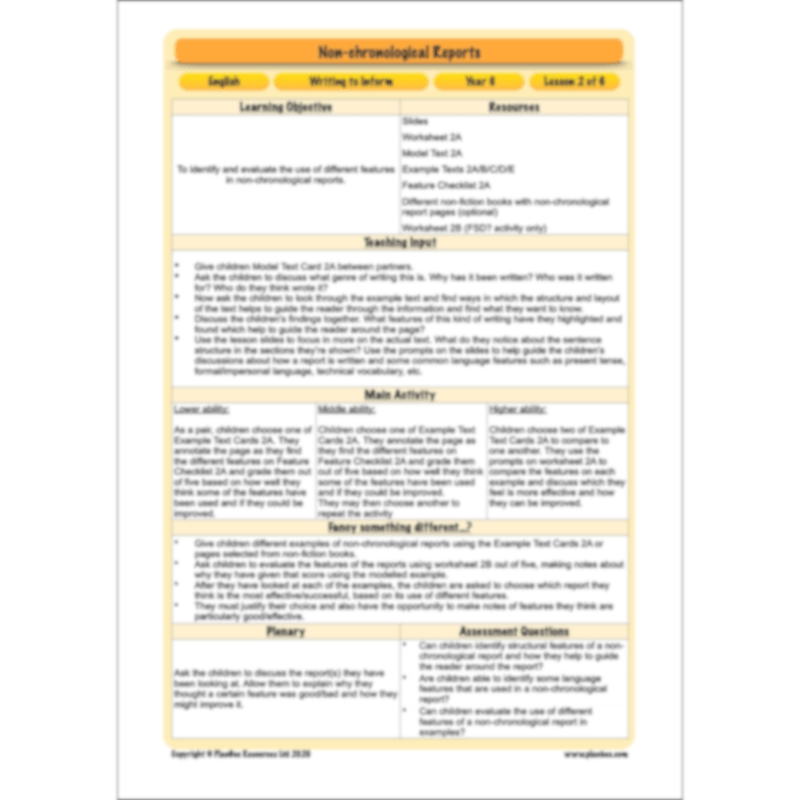 PlanBee Non-chronological Reports Year 6 English Planning