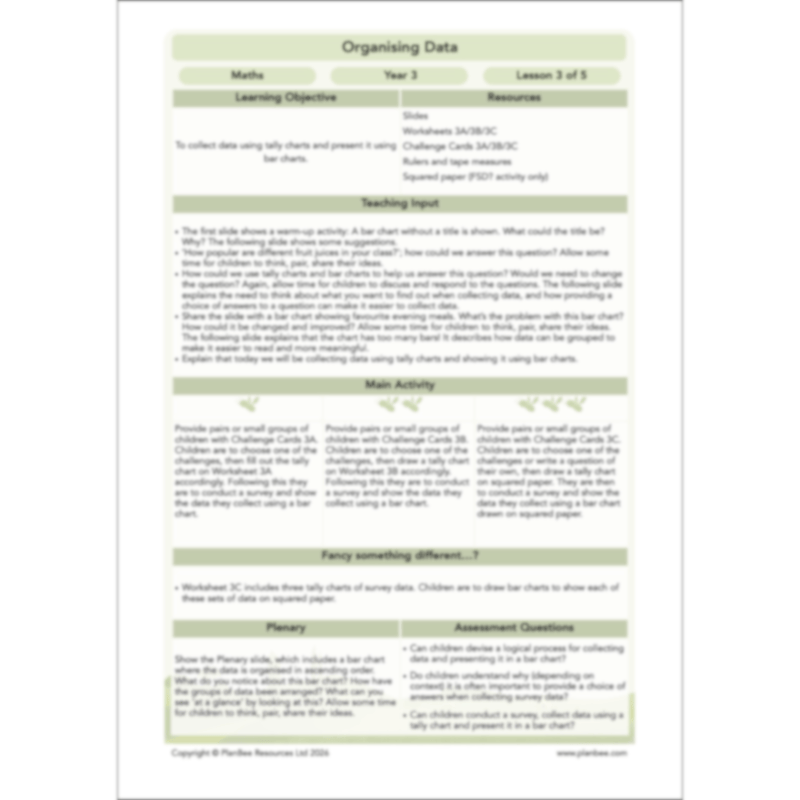 PlanBee Year 3 Statistics Organising Data PlanBee Maths Lesson