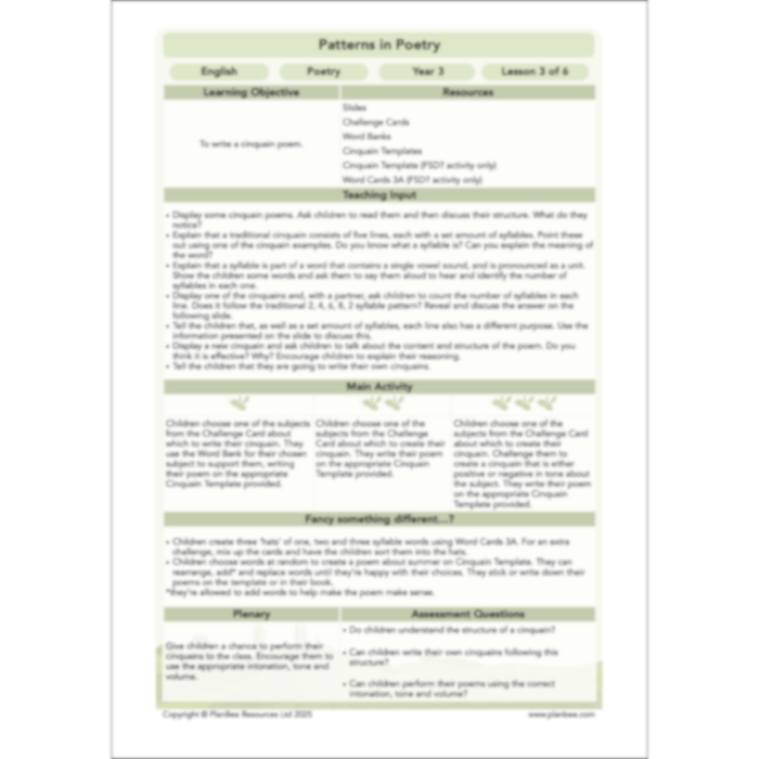PlanBee Year 3 Patterns in Poetry | Investigating Types of Poems
