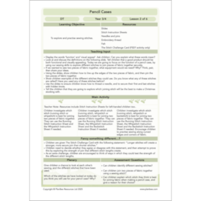 PlanBee Pencil Cases - Textiles: DT Lesson Plans for KS2 Y3/4