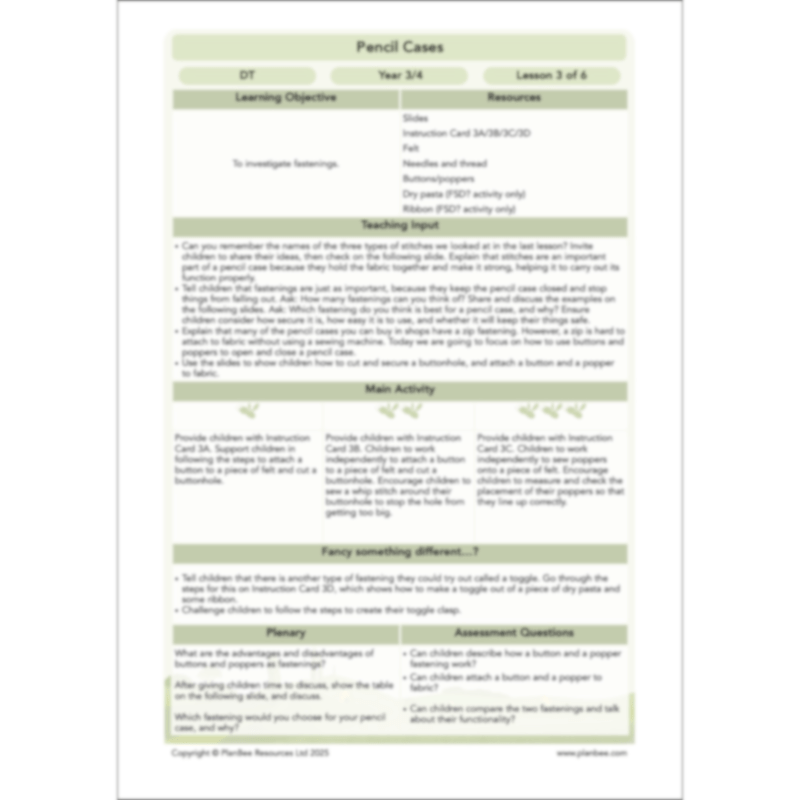PlanBee Pencil Cases - Textiles: DT Lesson Plans for KS2 Y3/4