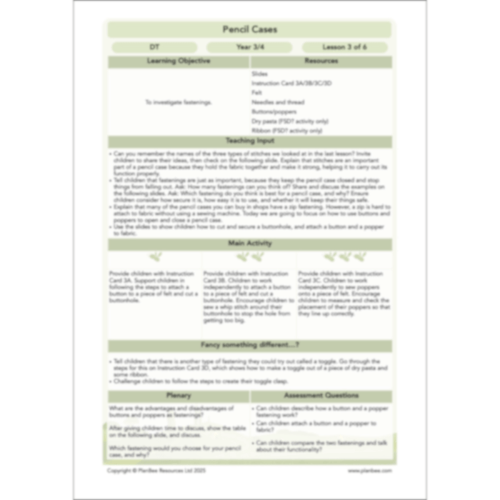 PlanBee Pencil Cases - Textiles: DT Lesson Plans for KS2 Y3/4