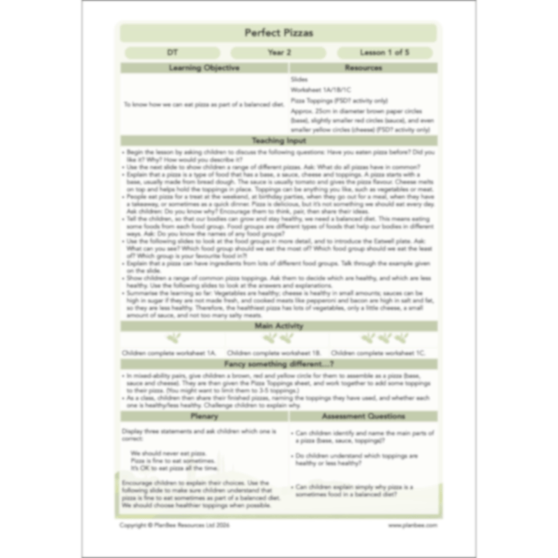PlanBee Perfect Pizzas KS1 DT Lesson Pack