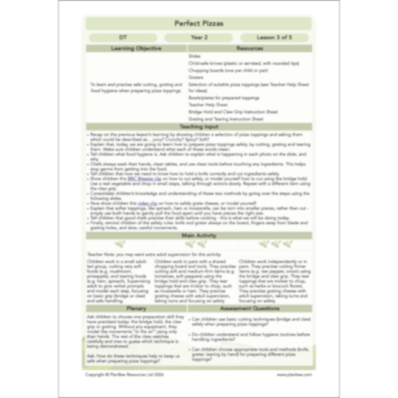 PlanBee Perfect Pizzas KS1 DT Lesson Pack