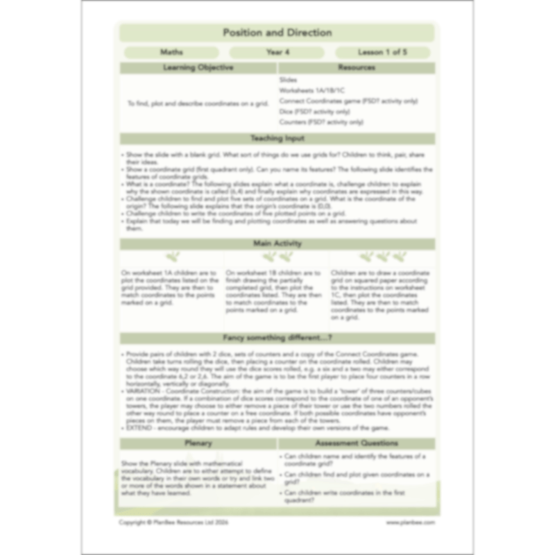 PlanBee Position and Direction Year 4 Maths Lessons | PlanBee
