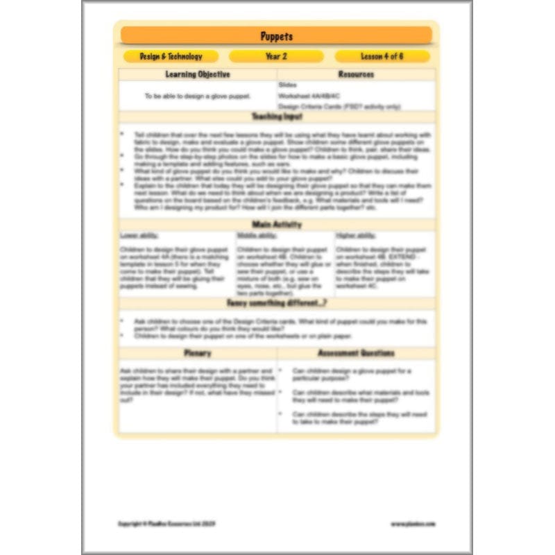PlanBee Puppets KS1 DT Lesson Planning Pack for Year 2 by PlanBee