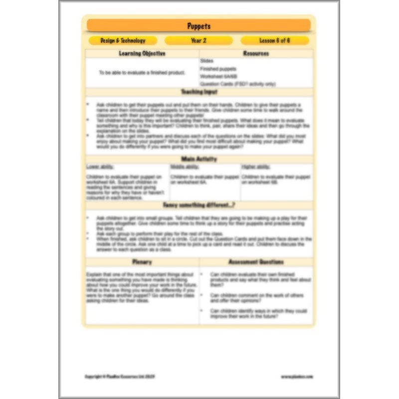 PlanBee Puppets KS1 DT Lesson Planning Pack for Year 2 by PlanBee