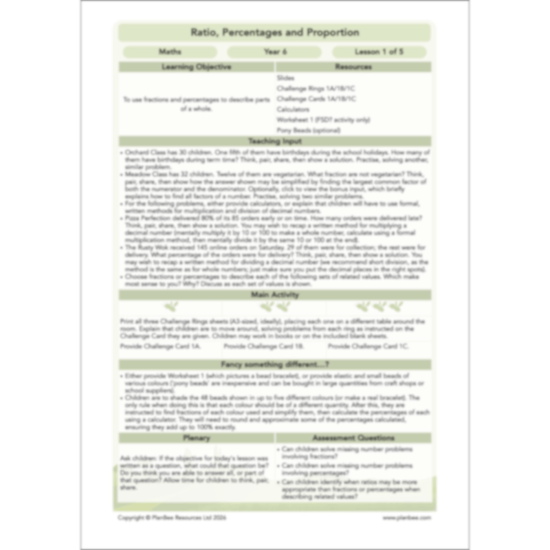 PlanBee Ratio, Percentages and Proportion: Year 6 Maths