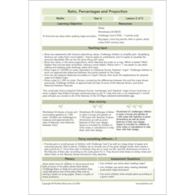 PlanBee Ratio, Percentages and Proportion: Year 6 Maths