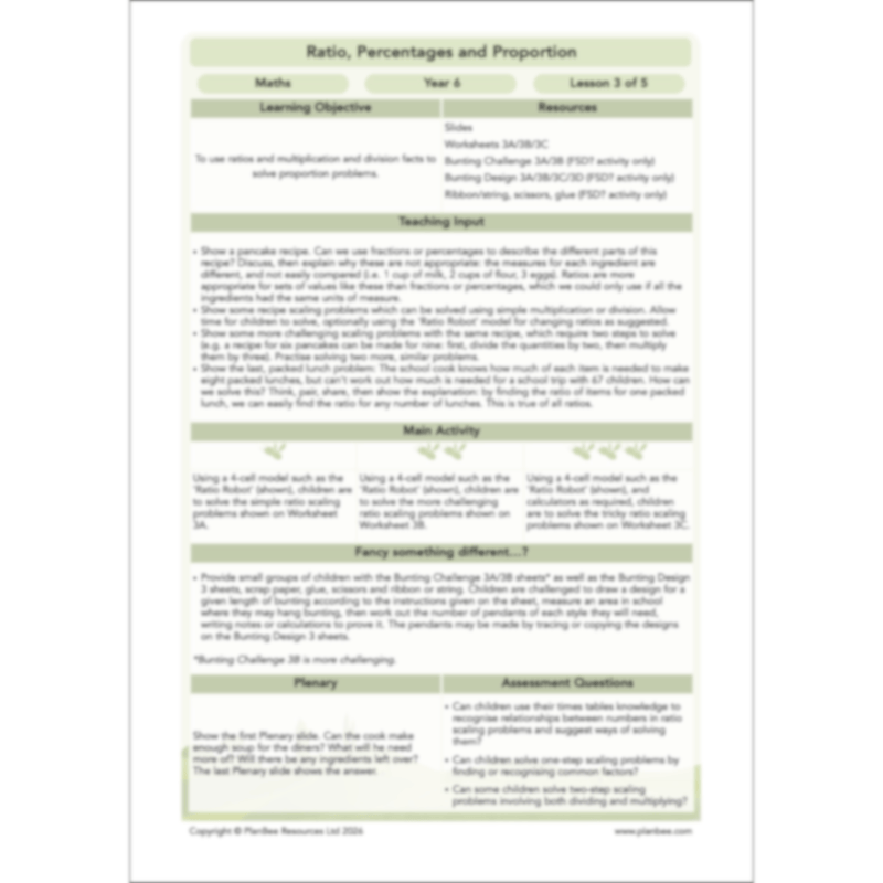 PlanBee Ratio, Percentages and Proportion: Year 6 Maths