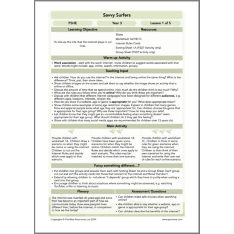 PlanBee Savvy Surfers Online Safety Year 3 PSHE Lessons by PlanBee