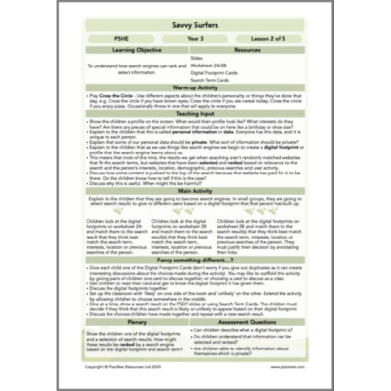 PlanBee Online Safety Year 3 | 5 Complete PSHE Lessons