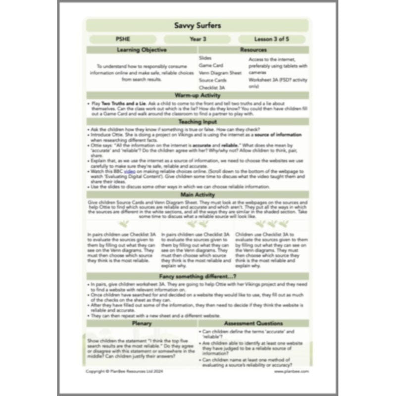 PlanBee Savvy Surfers Online Safety Year 3 PSHE Lessons by PlanBee