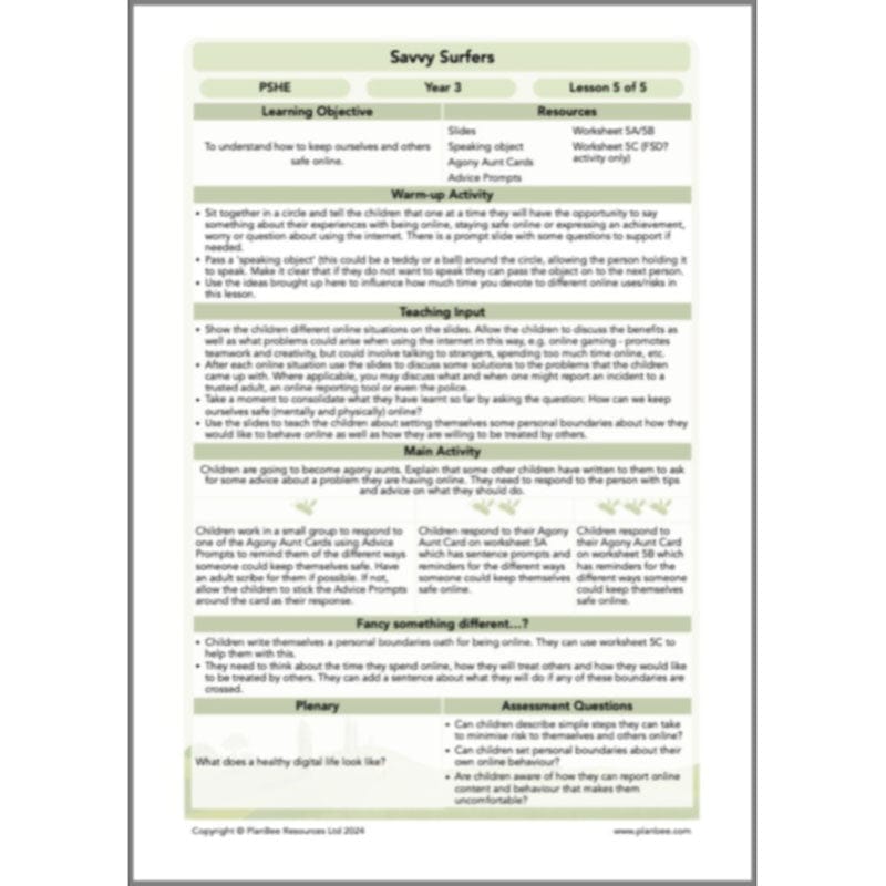 PlanBee Savvy Surfers Online Safety Year 3 PSHE Lessons by PlanBee