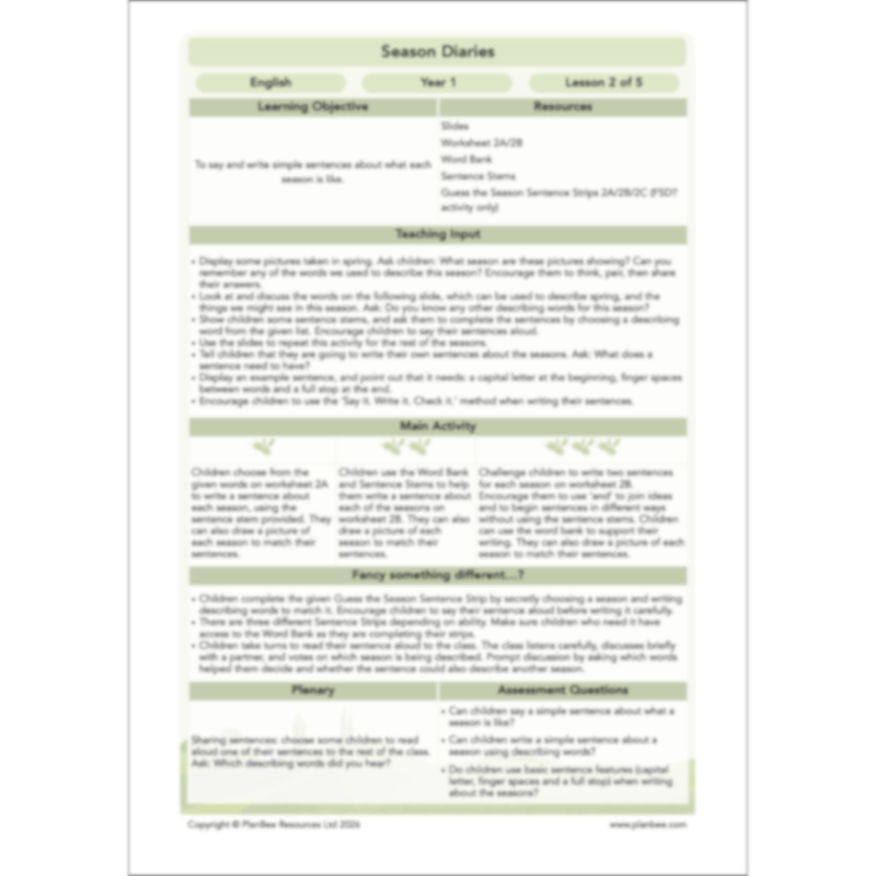 PlanBee Season Diaries | Year 1 English